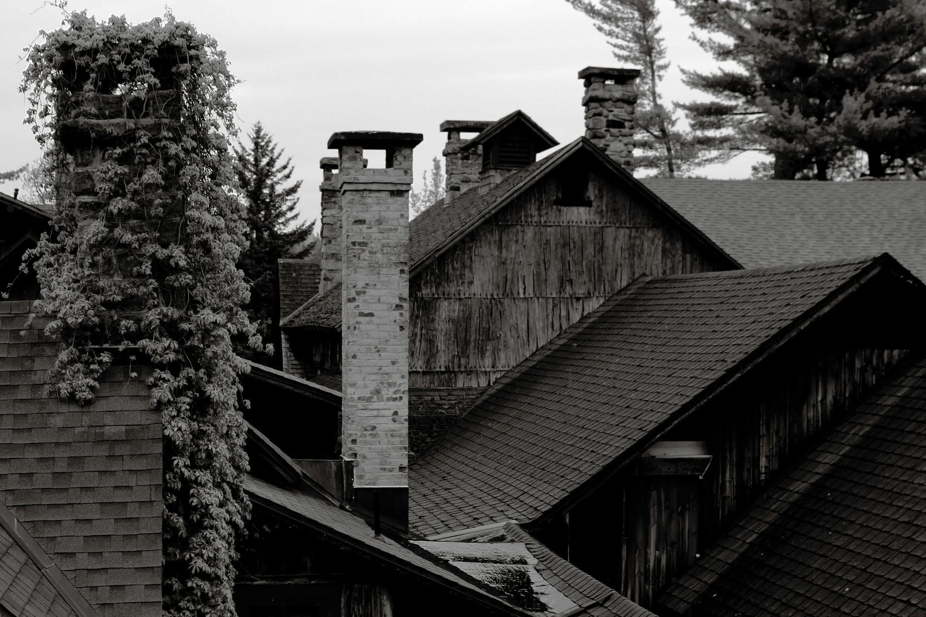 Black and white photo of village rooftops and chimneys, evoking a rustic feel.